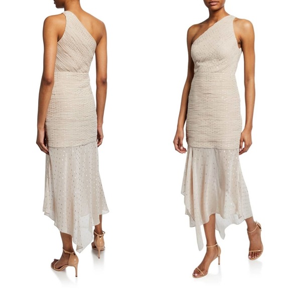 Halston Heritage One Shoulder Metallic Champagne Gold Trumpet Dress Size 8 - Picture 14 of 15